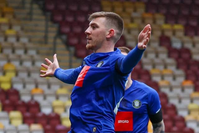 Matty Daly celebrates his eighth-minute strike in Harrogate Town's 1-0 FA Cup first-round victory over Bradford City at Valley Parade. Picture: Matt Kirkham