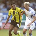 Harrogate Town forward Sam Folarin challenges Leeds United's Ethan Ampadu during the pre-season friendly between the sides in July last year. Picture: Paul Thompson/ProSportsImages