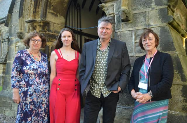 Flashback - The famous Feva appearance in Knaresborough of Poet Laureate Simon Armitage with, from the left, Gwen Lloyd, chair of feva; Rowena Lloyd and Carol Willis, organisers of the spoken word element of feva 2021.