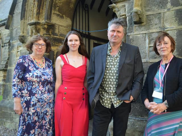 Flashback - The famous Feva appearance in Knaresborough of Poet Laureate Simon Armitage with, from the left, Gwen Lloyd, chair of feva; Rowena Lloyd and Carol Willis, organisers of the spoken word element of feva 2021.
