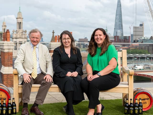 Theakston Old Peculier Crime Writing Festival 2024 programme launch event in London - Simon Theakston, Chairman of sponsors T&R Theakston Ltd; Festival Chair Ruth Ware; and Sharon Canavar, Chief Exexcutive of Harrogate International Festivals.  (Picture Mike Whorley)