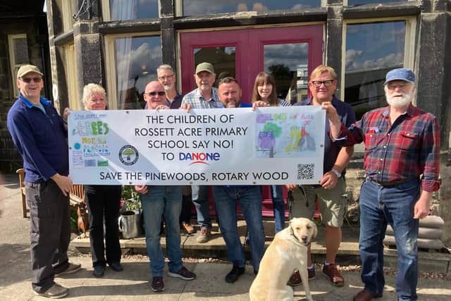 Independent Councillor Michael Schofield, who represents Harlow & St Georges division, with Save Rotary Wood campaigners with the pupils' banner at The Shepherd's Dog pub in Harrogate. (Picture contributed)