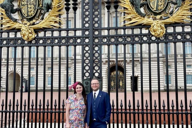 MSF charity fundraisers Andy Dennis, a nurse in the Intensive Care Unit at Harrogate District Hospital, and his partner Tracey Hill, a skin surgery specialist nurse in dermatology at York Hospital, at Buckingham Palace last week.