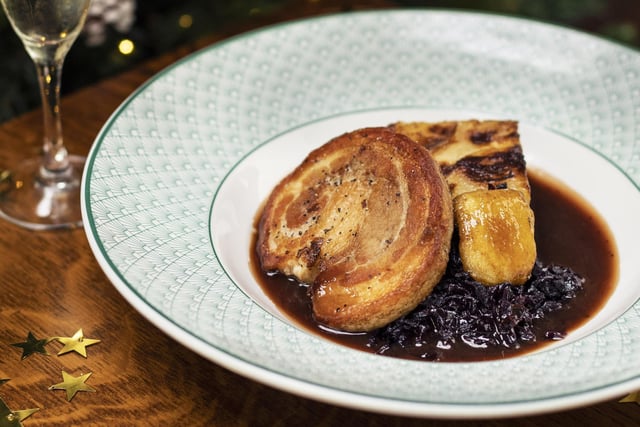 Slow-Roasted Pork Belly - dauphinoise potatoes, spiced red cabbage, caramelised apple, red wine gravy