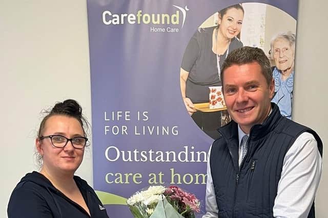 Harrogate live-in carer Leanne Bellwood receives her PLATO award from Oliver Stirk, Managing Director of Carefound Home Care. (Picture Carefound Home Care)