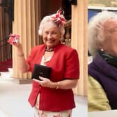 Pictured: To the left - Sylvia Grice receiving her MBE, and to the right, Mrs Grice's infectious laughter and smile.