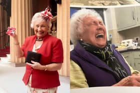 Pictured: To the left - Sylvia Grice receiving her MBE, and to the right, Mrs Grice's infectious laughter and smile.