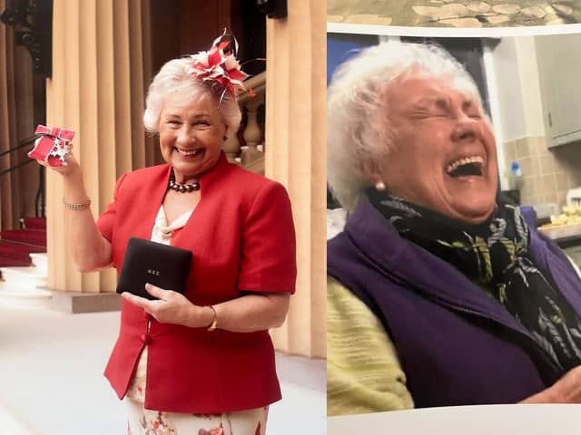 Pictured: To the left - Sylvia Grice receiving her MBE, and to the right, Mrs Grice's infectious laughter and smile.