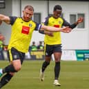 George Thomson celebrates after curling home a long-range free-kick during Harrogate Town's 5-3 home defeat to MK Dons. Pictures: Matt Kirkham