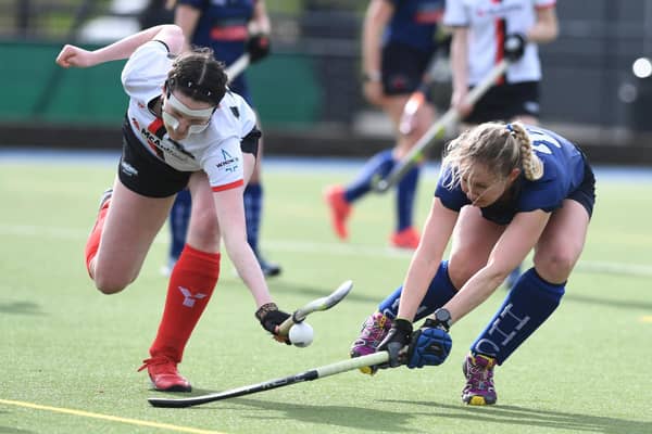 Harrogate Hockey Club Ladies 1s' Jacs Smith in action against Bowdon on the final day of the 2023/24 season. Pictures: Gerard Binks
