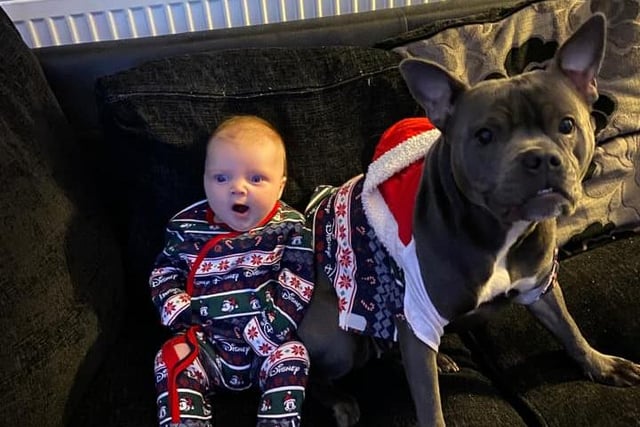 Nala, pictured with her baby sister on Christmas Eve, looks smart in her festive outfit.