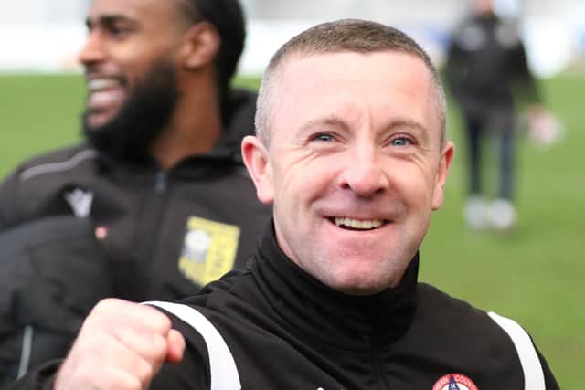Brewers boss Mick O'Connell celebrates his team's first victory in four matches.