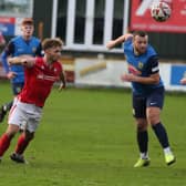 Fatlum Ibrahimi wins a header during Tadcaster Albion's 2-2 home draw with Thackley. Pictures: Craig Dinsdale