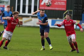 Fatlum Ibrahimi wins a header during Tadcaster Albion's 2-2 home draw with Thackley. Pictures: Craig Dinsdale