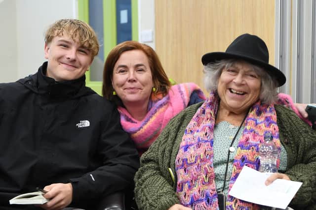 Fundraising in tribute to his late father - Harrogate Gramma School sixth former Rafe Colman-Chadwick with his mum Clair Challenor-Chadwick and Miriam Margolyes. (Picture contributed/Gerard Binks)