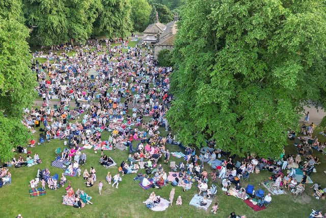 An aerial shot of people rocking to Glastonbury Festival in Knaresborough Castle grounds. (Picture Mike Whorley Photography)