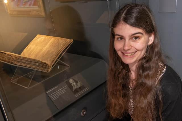 North Yorkshire Museum and collections officer Jenny Hill, with the rare Shakespeare first folio.