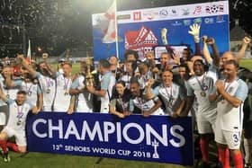 Harrogate Veterans FC celebrate their 2018 Seniors World Cup triumph representing England. Pictures: Submitted