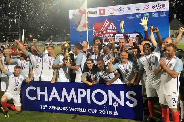 Harrogate Veterans FC celebrate their 2018 Seniors World Cup triumph representing England. Pictures: Submitted
