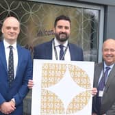 Pictured left to right with Rossett’ School's 50th anniversary logo are deputy headteacher Pete Saunders, headteacher Tim Milburn and deputy headteacher Dave Royles. (Picture contributed)