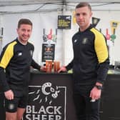 Harrogate Town players Josh Falkingham and Jack Muldoon launch the new The Black Sheep Baa…r at EnviroVent Stadium.