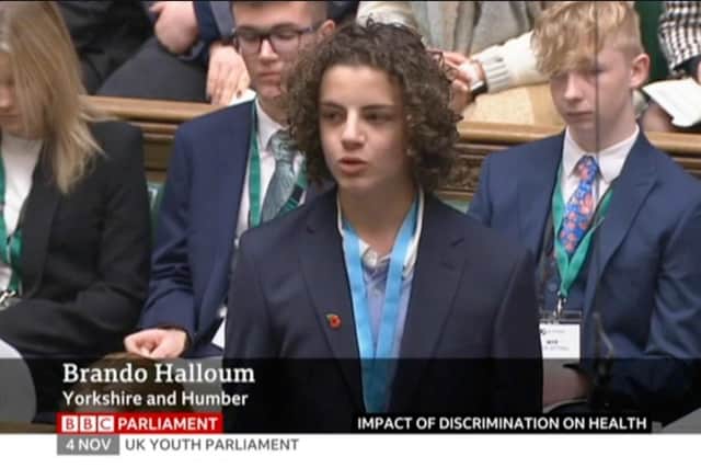 The speech by Harrogate's Member of Youth Parliament (MYP) Brando Halloum was broadcast on BBC TV's Parliament channel.