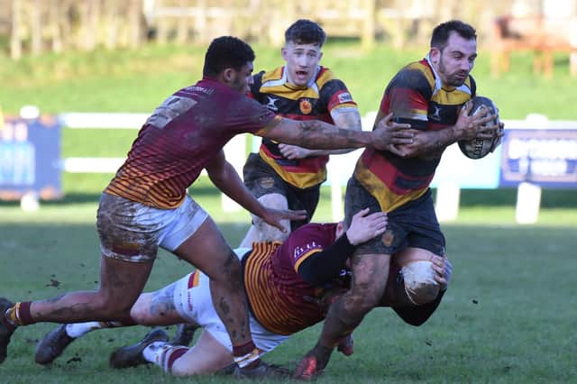 Sam Fox on the charge for Harrogate RUFC during Saturday's 52-0 home defeat to Flyde RFC. Pictures: Gerard Binks