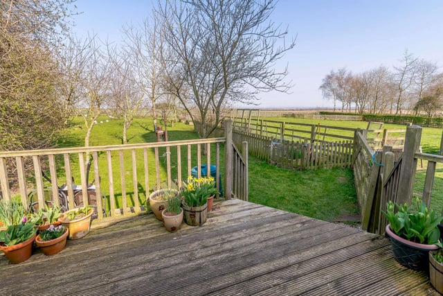 A decked seating area overlooking the orchard.