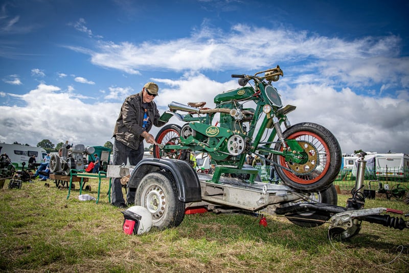 Doug Soakell with his self-modified 1945 Lister D two-wheel drive motorbike