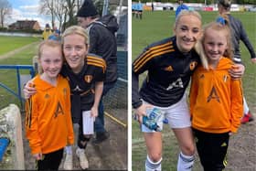 Mia Birch with her heroes Rebekah Bass and Paige Williams who play for Leeds United Women.