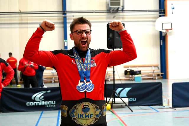 Roar of victory - Harrogate's Jonathan Skinner is now officially a five-times world champion in the kettlebell.