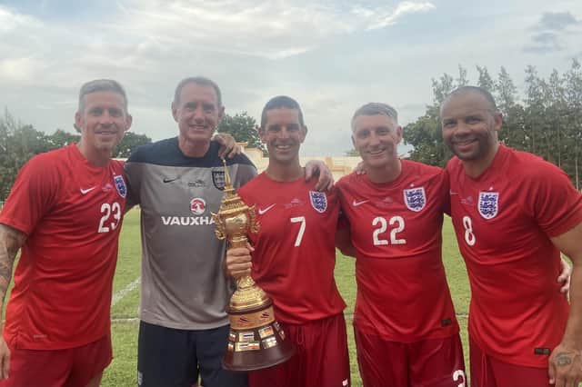 Harrogate Veterans FC players representing England at the 2023 Seniors World Cup, from left, Sean Davis, manager Paul Bell, Alex Russell, Lee Elam and Deon Burton. Pictures: Submitted