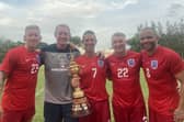 Harrogate Veterans FC players representing England at the 2023 Seniors World Cup, from left, Sean Davis, manager Paul Bell, Alex Russell, Lee Elam and Deon Burton. Pictures: Submitted