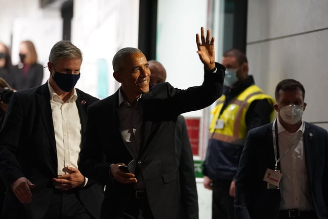 Former US president Barack Obama leaves the University of Strathclyde in Glasgow during the Cop26 summit. Picture date: Monday November 8, 2021.