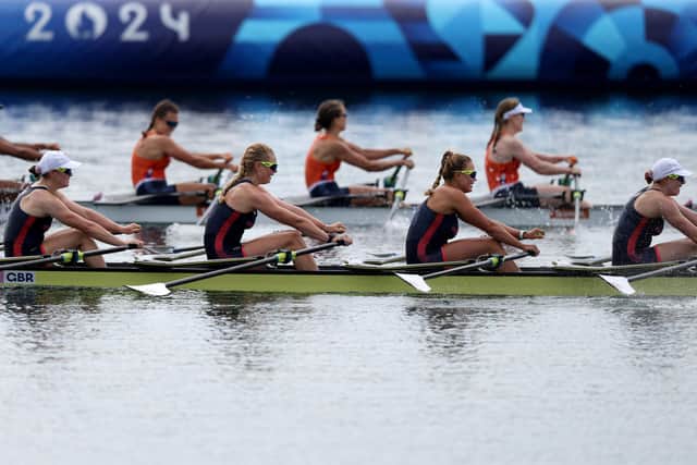 Lauren Henry, Hannah Scott, Lola Anderson and Georgina Brayshaw of Team Great Britain compete in the Rowing Women's Quadruple Sculls Final A on day five of the Olympic Games Paris 2024 at Vaires-Sur-Marne Nautical Stadium on July 31, 2024 in Paris, France. Picture: Francois Nel/Getty Images