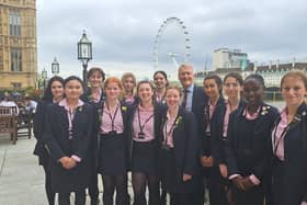 Time for a 'selfie' - Pupils from two Harrogate schools with Harrogate and Knaresborough MP Andrew Jones at the new ‘selfie spot’ on the House of Commons Terrace. (PIcture contributed)