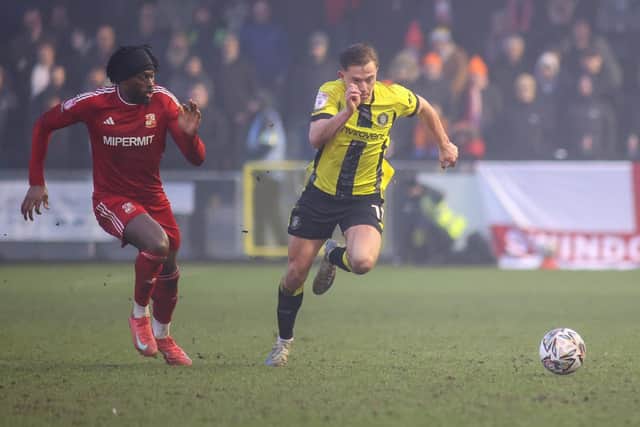 Sulphurites winger James Daly on the attack during Saturday's League Two clash.