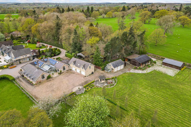 An aerial view of the property, with its beautiful rural surroundings.