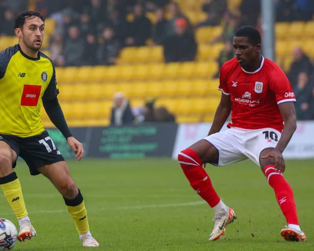 Harrogate Town midfielder Levi Sutton in League Two action against Crewe Alexandra. Pictures: Matt Kirkham