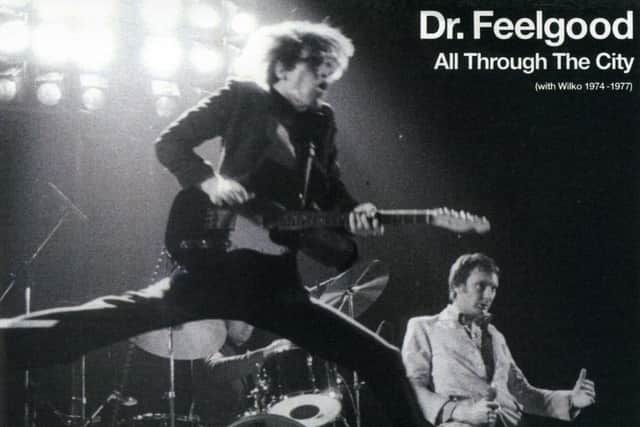 Legendary Dr Feelgood guitarist Wilko Johnson pictured in full flight on the sleeve of a classic Dr Feelgood single.