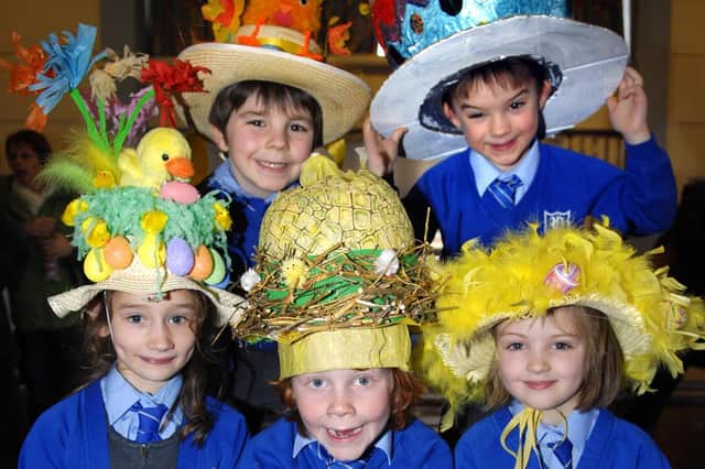 Pannal Primary School pupils proudly parade their colourful Easter Bonnets in 2010 - Hannah James, Luke Ripley, Sam Carter, Harriet Toy and Alex Wilson