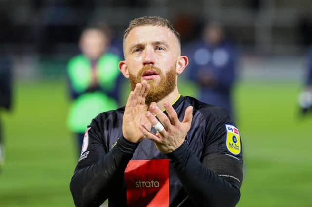 George Thomson applauds Harrogate Town's travelling support following New Year's Day's 3-3 draw at Hartlepool United. Pictures: Matt Kirkham