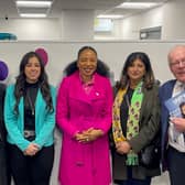 The Lord Mayor of Leeds, Councillor Abigail Marshall Katung (third from right) on her visit to Leeds Media Centre with Unity Enterprise representatives (from left to right) Adrian Green (manager), Cristine Wilson (business tenant), Amina Shann (board member), Sharon Jandu OBE (chair) and John Jagger (board member)
