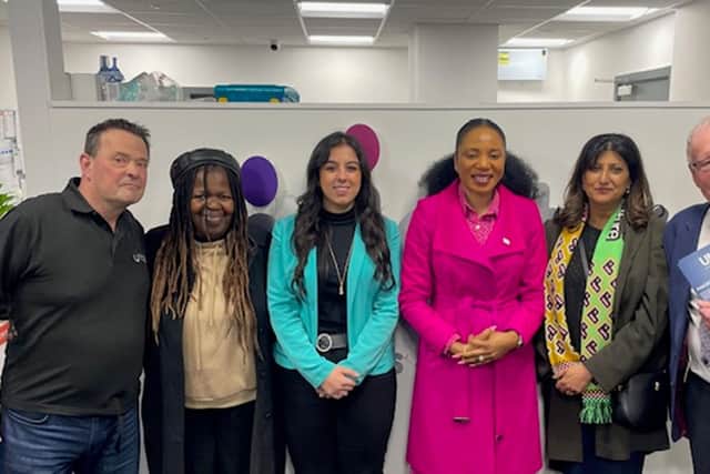 The Lord Mayor of Leeds, Councillor Abigail Marshall Katung (third from right) on her visit to Leeds Media Centre with Unity Enterprise representatives (from left to right) Adrian Green (manager), Cristine Wilson (business tenant), Amina Shann (board member), Sharon Jandu OBE (chair) and John Jagger (board member)