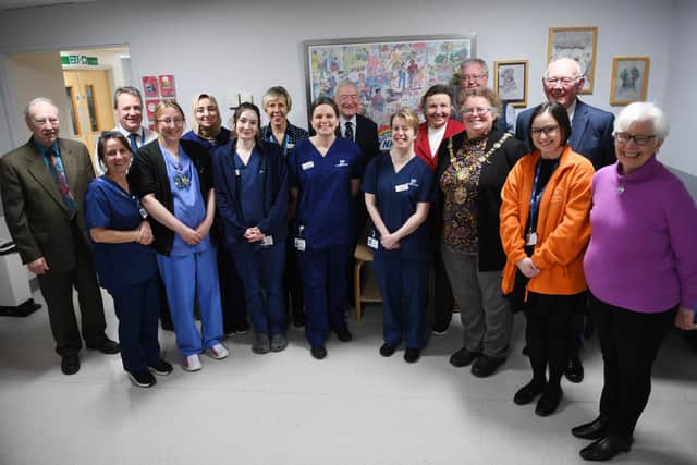 Unveiling of NHS tribute - Members of staff at Harrogate District Hospital's Cardiology Department and  artist Sandra Gascoigne join the unveiling of Friends of Harrogate Hospital's artwork tribute to the NHS. (Picture Gerard Binks