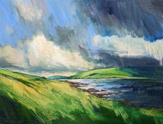 Showing at 108 Fine Art gallery in Harrogate: Approaching Storm Scar House (oil on board) by Emerson Mayes.