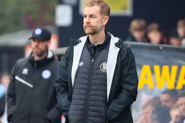 Simon Weaver watches on from the sidelines during Bank Holiday Monday's League Two clash at Wetherby Road.