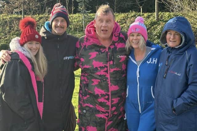 Jacqui Hargrave, an incredible open air swimmer from Knaresborough, pictured second from right, with the rest of the GB International Ice Swimming team, and Bear Grylls, second from left.