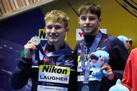Jack Laugher, left, and Anthony Harding of Team Great Britain won silver in the Men’s Synchronized 3m Springboard on day two of the Fukuoka 2023 World Aquatics Championships in Japan. Picture: Sarah Stier/Getty Images