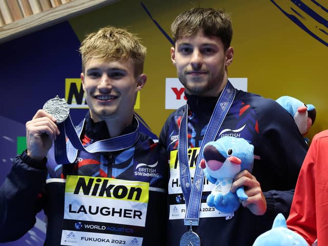 Jack Laugher, left, and Anthony Harding of Team Great Britain won silver in the Men’s Synchronized 3m Springboard on day two of the Fukuoka 2023 World Aquatics Championships in Japan. Picture: Sarah Stier/Getty Images